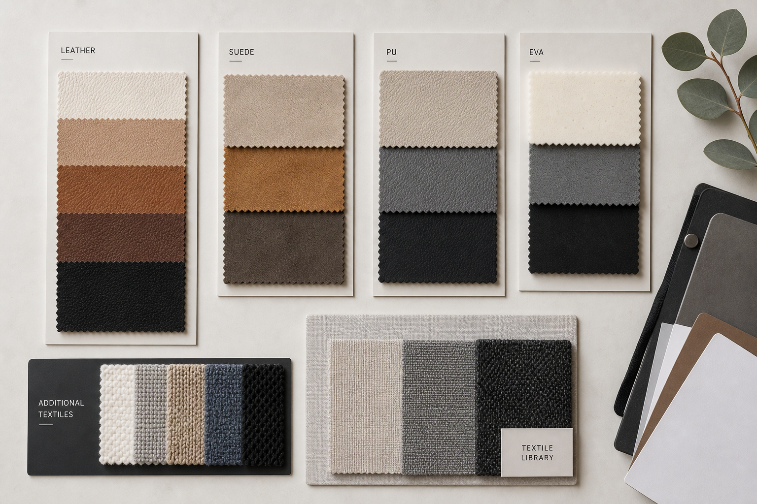 Leather suede PU EVA material library at XuFan shoes china manufacturer
