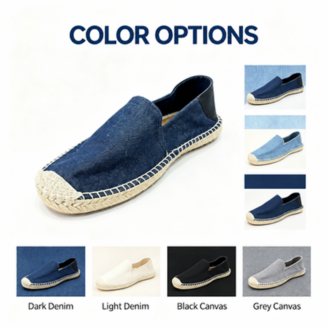 Custom espadrille color options in denim, canvas and neutral shades
