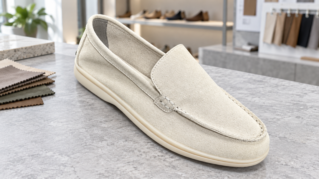 custom beige cow suede loafers developed for a private-label footwear brand