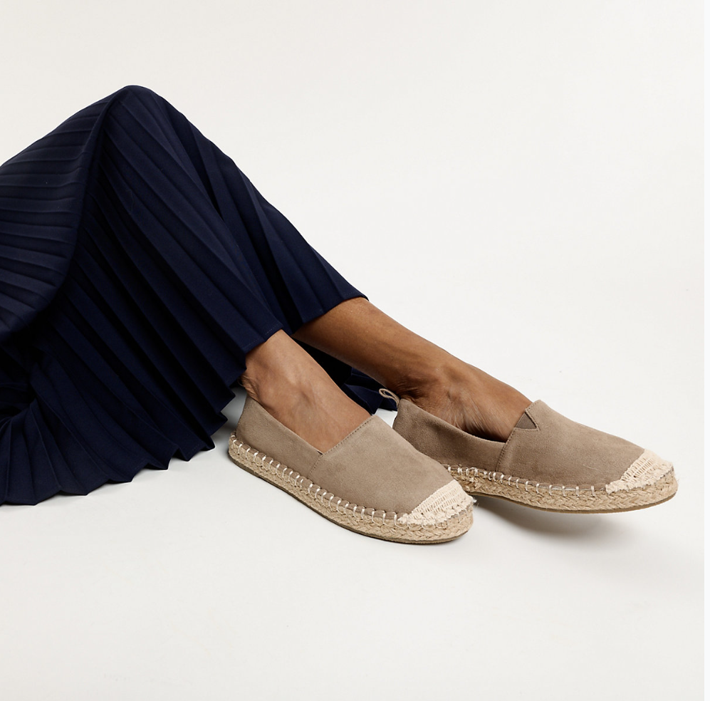 Neutral suede espadrille slip-on shoes styled for everyday wear